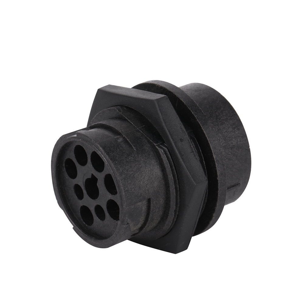 J1939-9p-female Plug-in-black Case, 2-bit End Hole, Threaded Front And Back