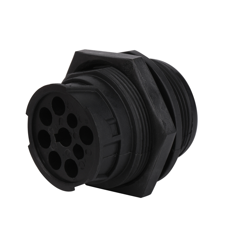 J1939-9p-female Plug-in-black Case, 2-bit End Hole, Threaded Front And Back